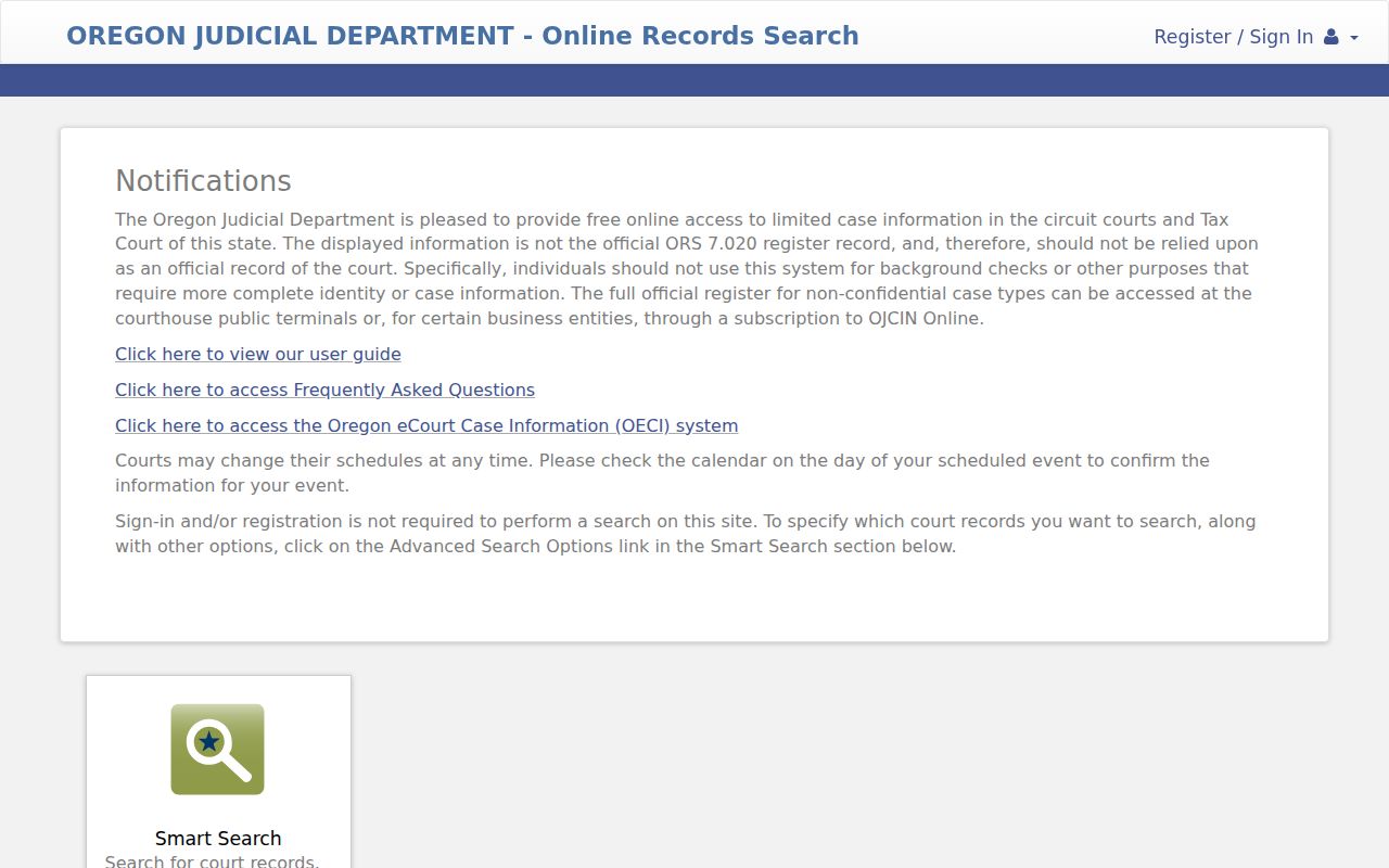 Oregon criminal court case records search interface