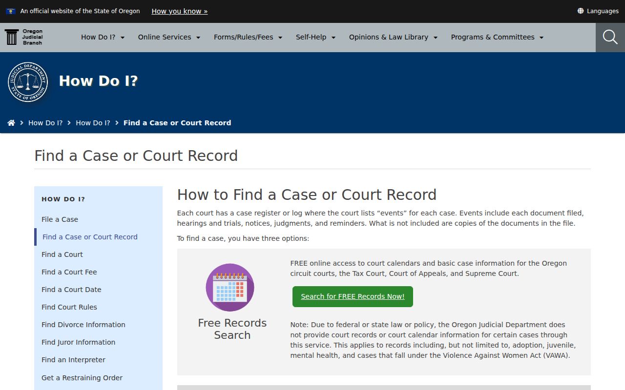 Oregon criminal court case records county access routes