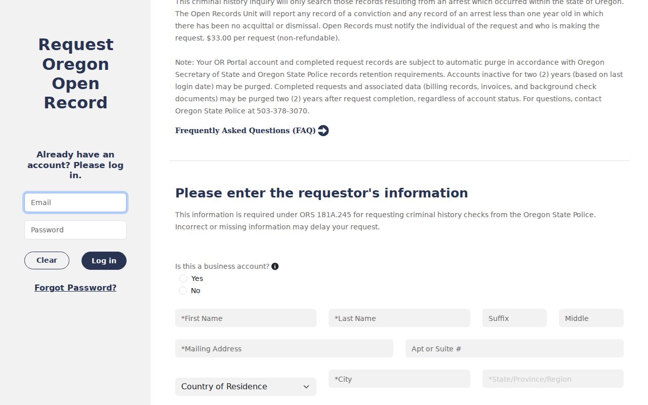 Oregon State Police CJIS Open Records portal login