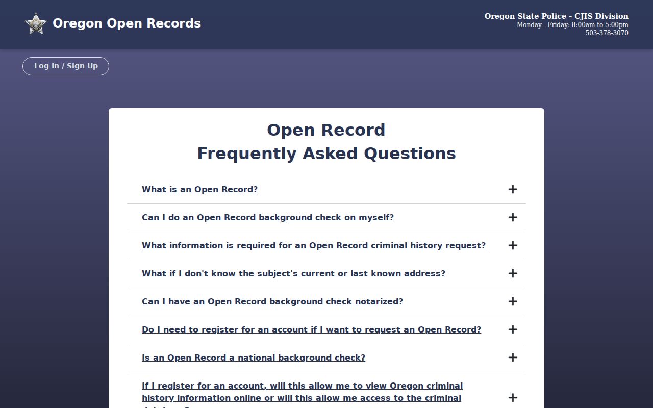 Oregon State Police CJIS Open Records fee and notice FAQ