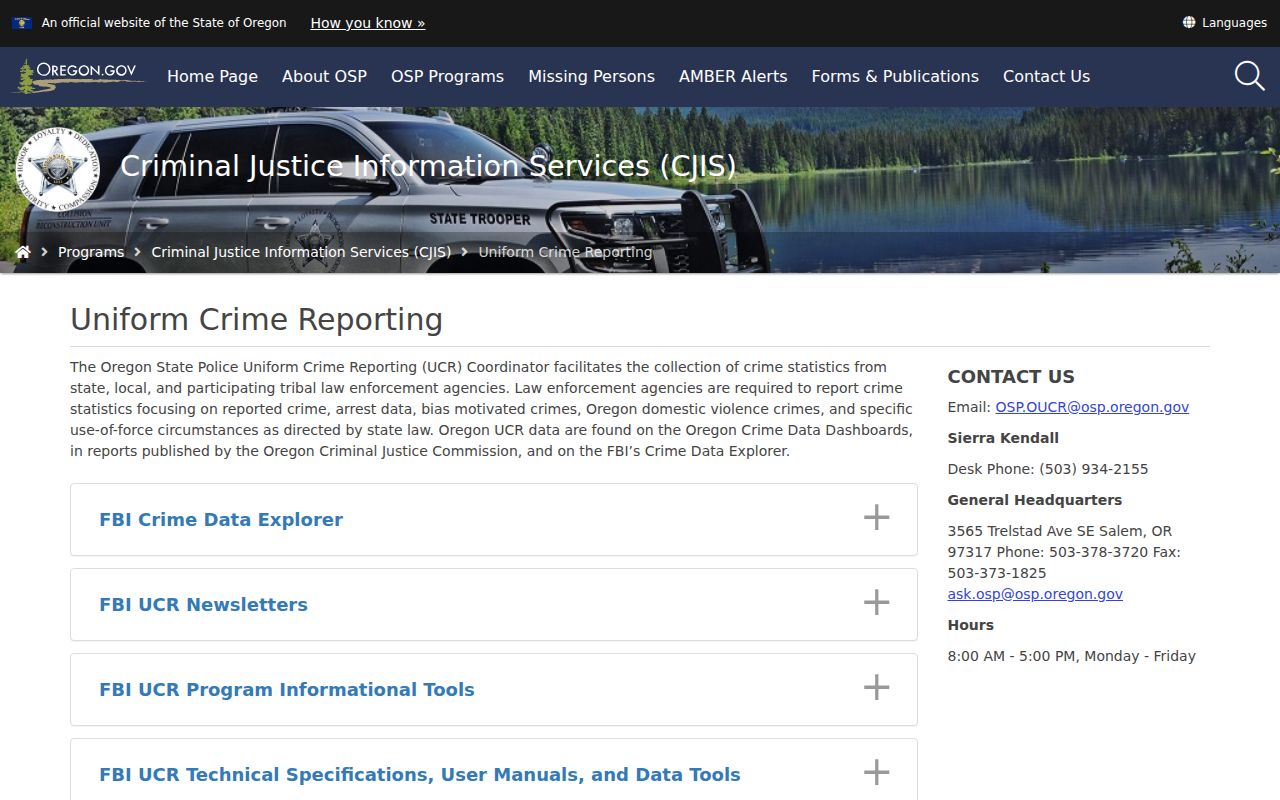 Oregon criminal history Uniform Crime Reporting program